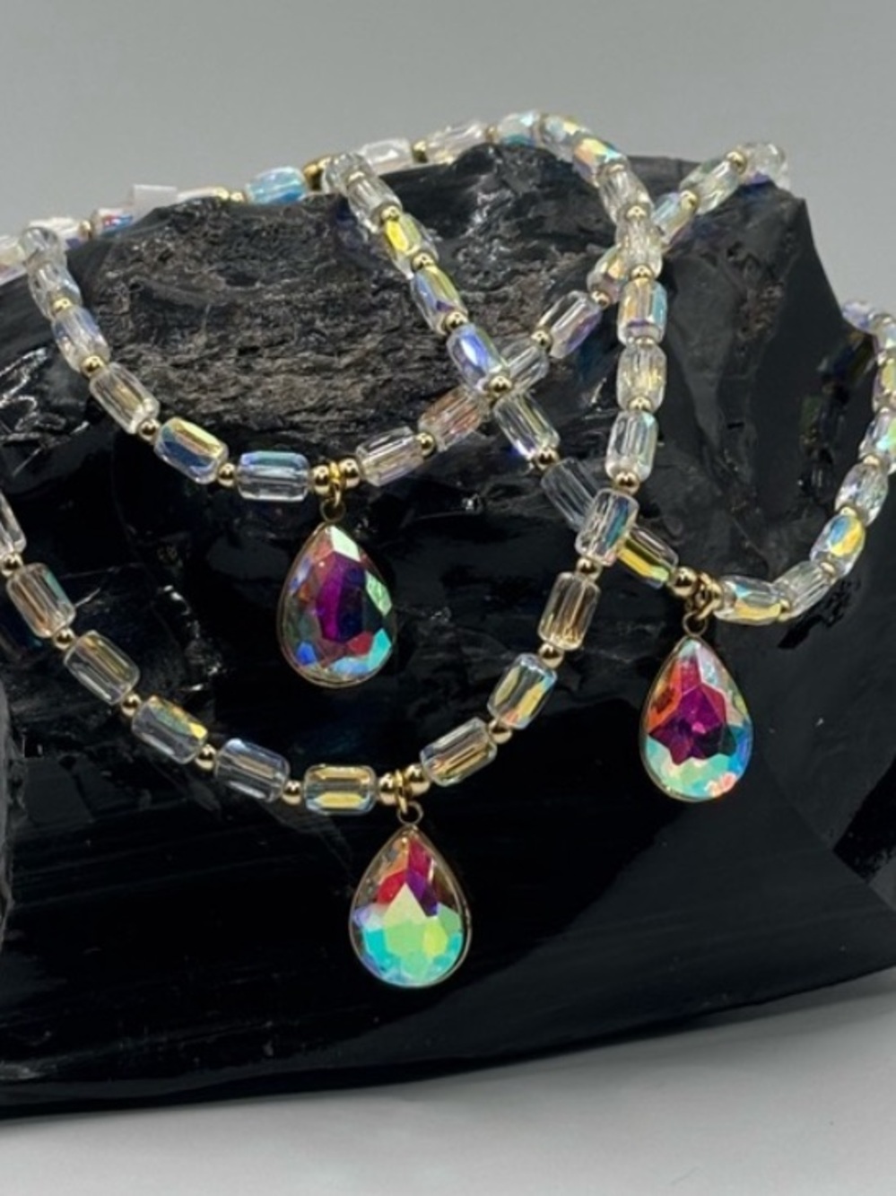 *ANKLET* S. Steel AB Clear Teardrop with AB Clear Crystal Stretchy Anklet